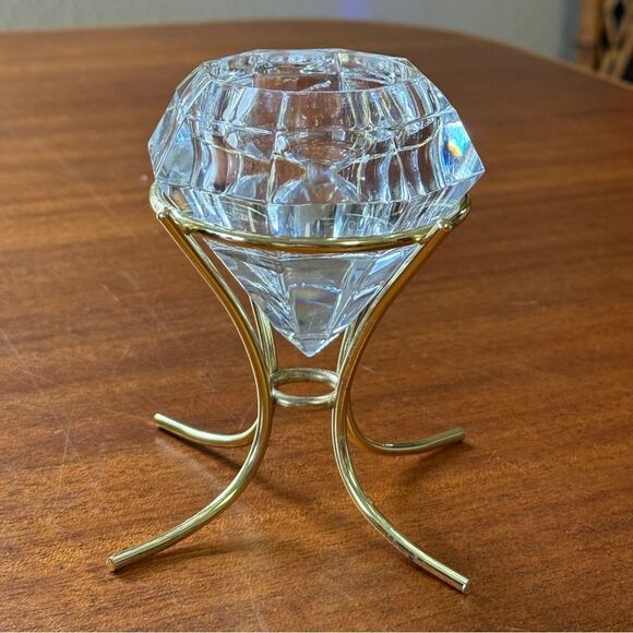 PARTYLITE Diamond Solitaire Shaped 24% Lead Crystal Candle Holder Gold Stand - Picture 5 of 10